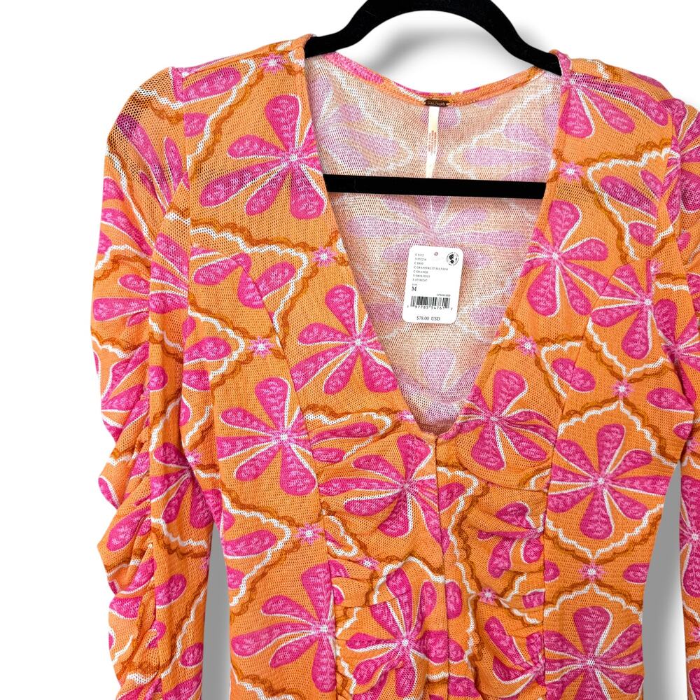 NEW Free People Through The Meadow Grapefruit Seltzer Orange Ruched Retro Top - Picture 9 of 13